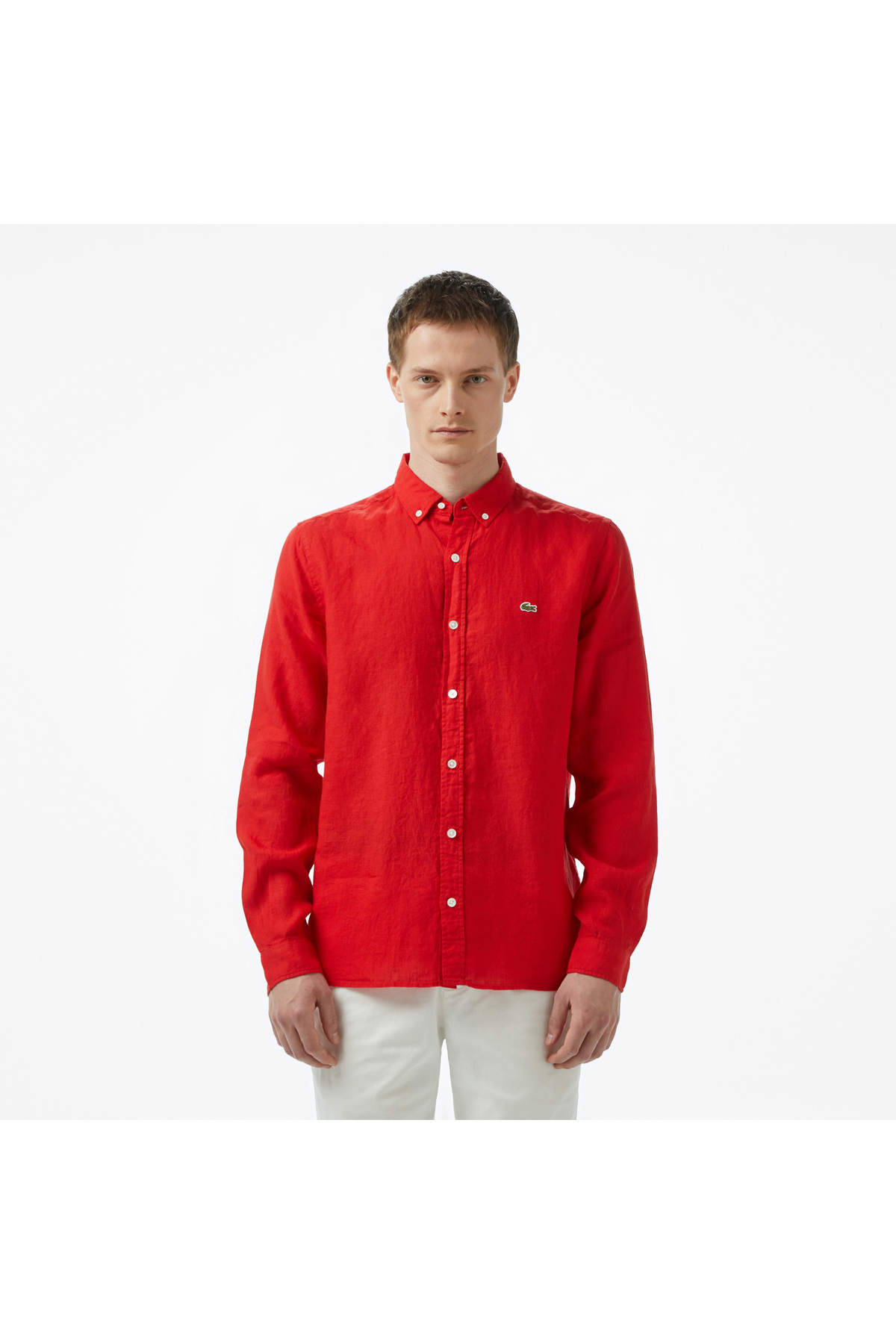 پیراهن مردانه Lacoste کتان قرمز یقه دکمه‌دار فیت معمولی