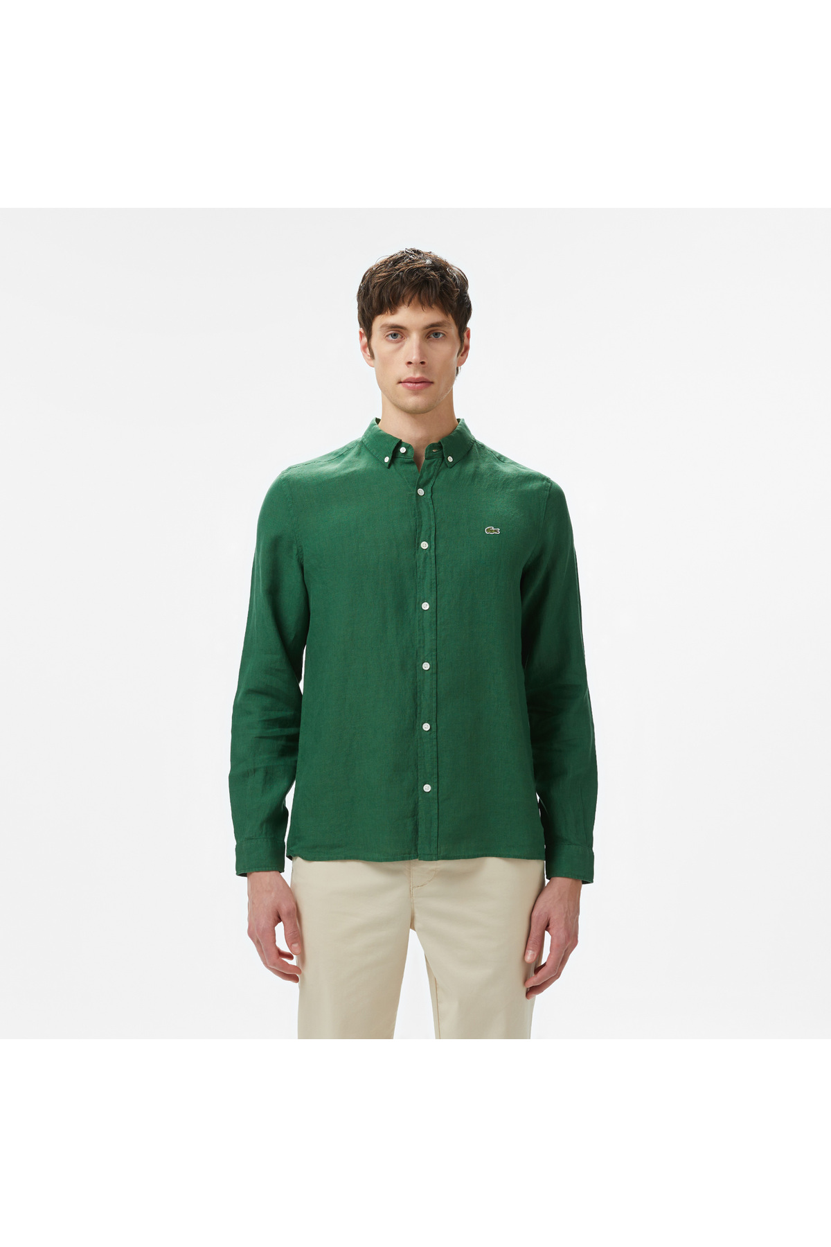 پیراهن مردانه Lacoste یقه دکمه‌دار کتان سبز تیره فیت معمولی